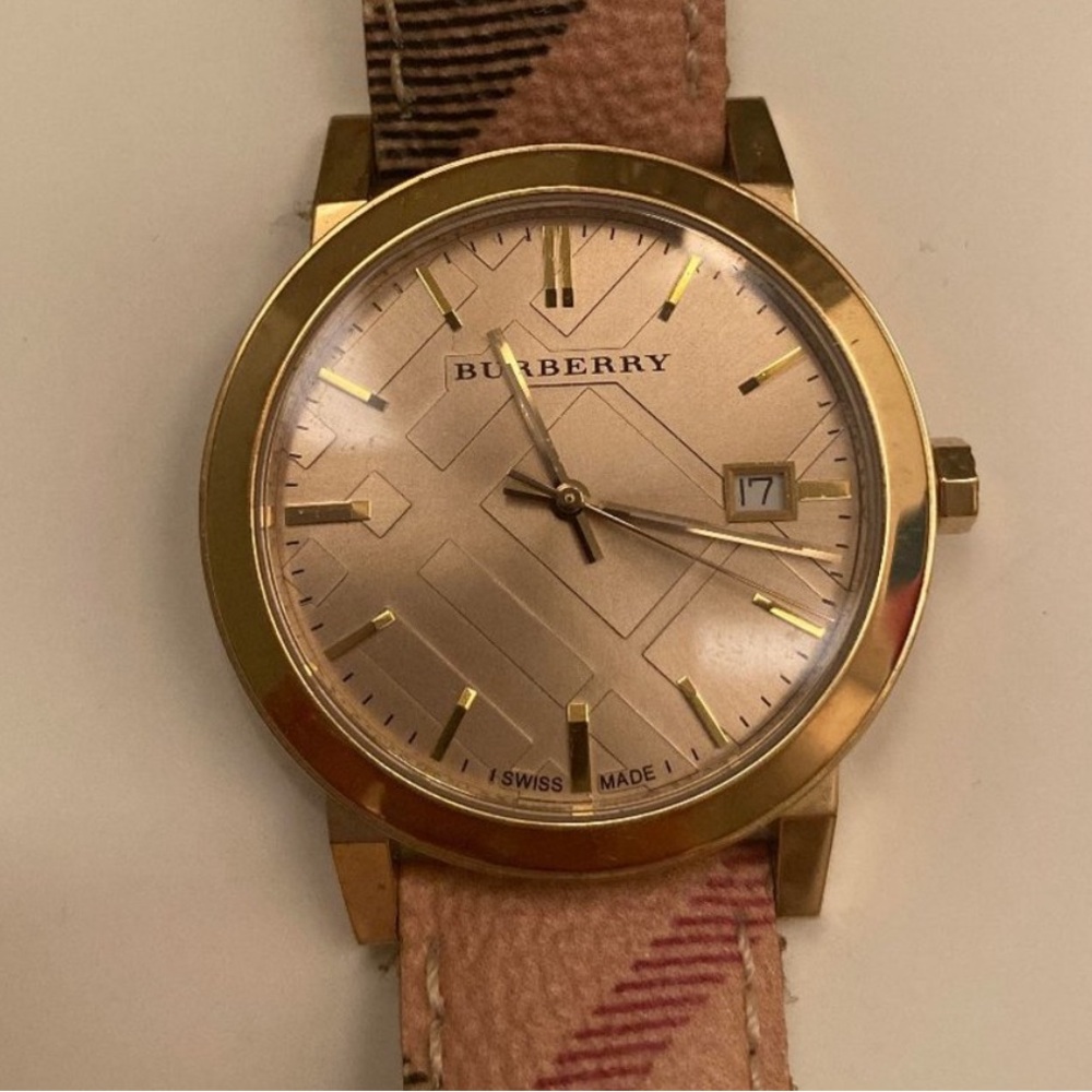 Burberry Gold Watch with Pink Plaid Strap
